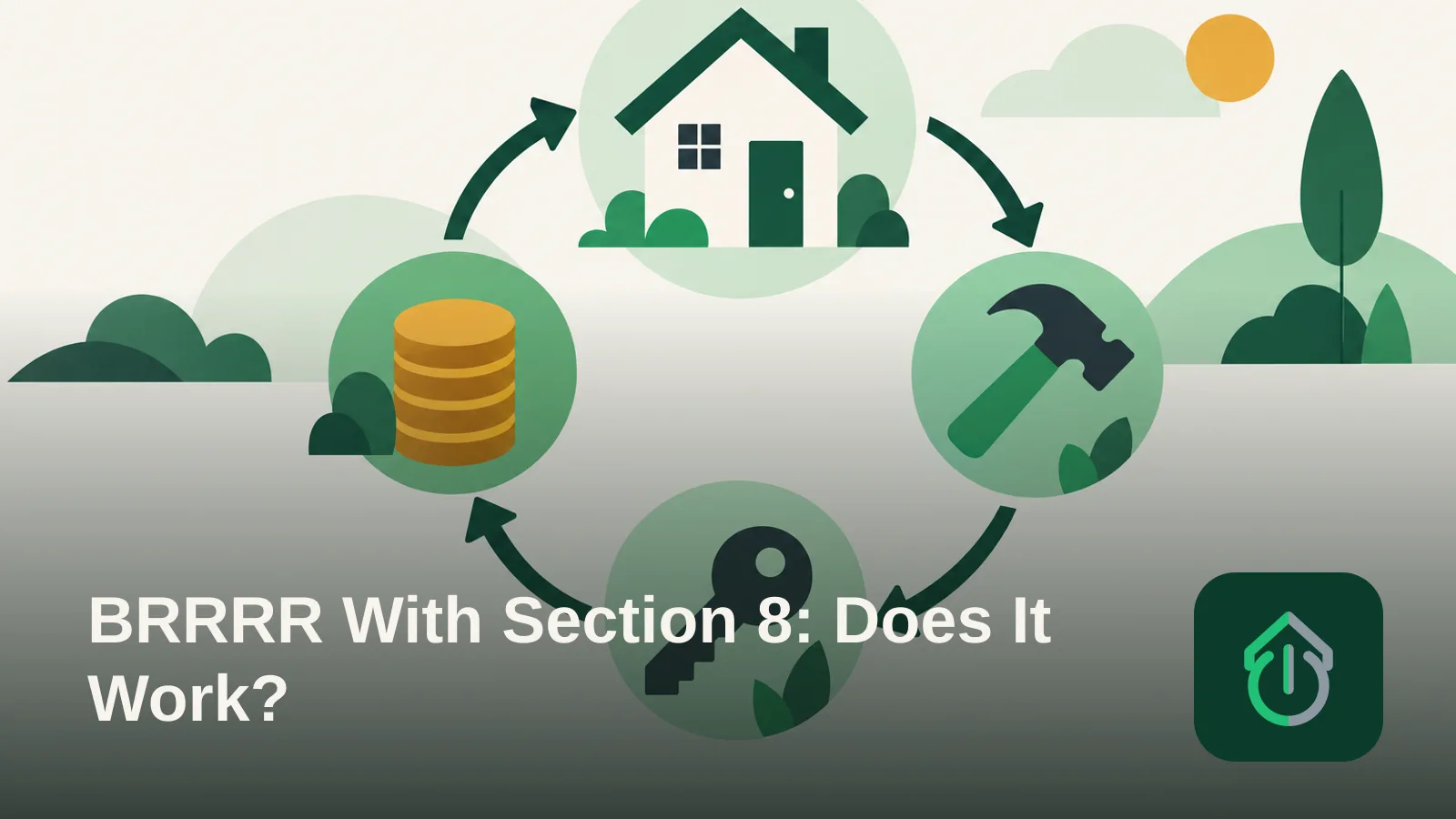 Abstract illustration of a circular cycle connecting a house, a tool, a key, and a coin shape, representing a repeating investment process.