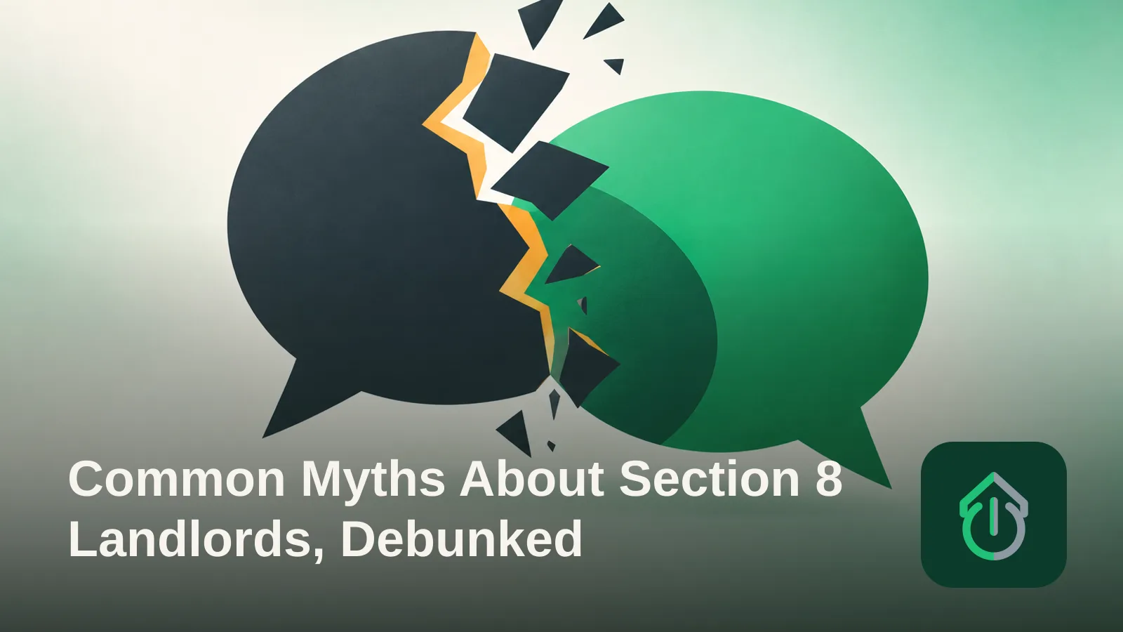 Abstract illustration of a cracked speech bubble shape symbolizing a myth being debunked.