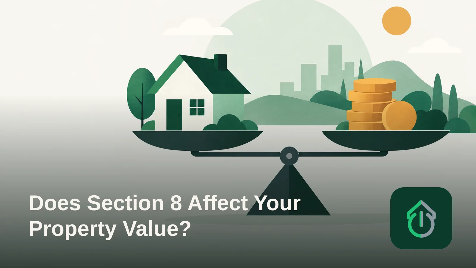 Abstract illustration of a house balanced on a scale against stacked coin shapes, representing property value and cash flow.