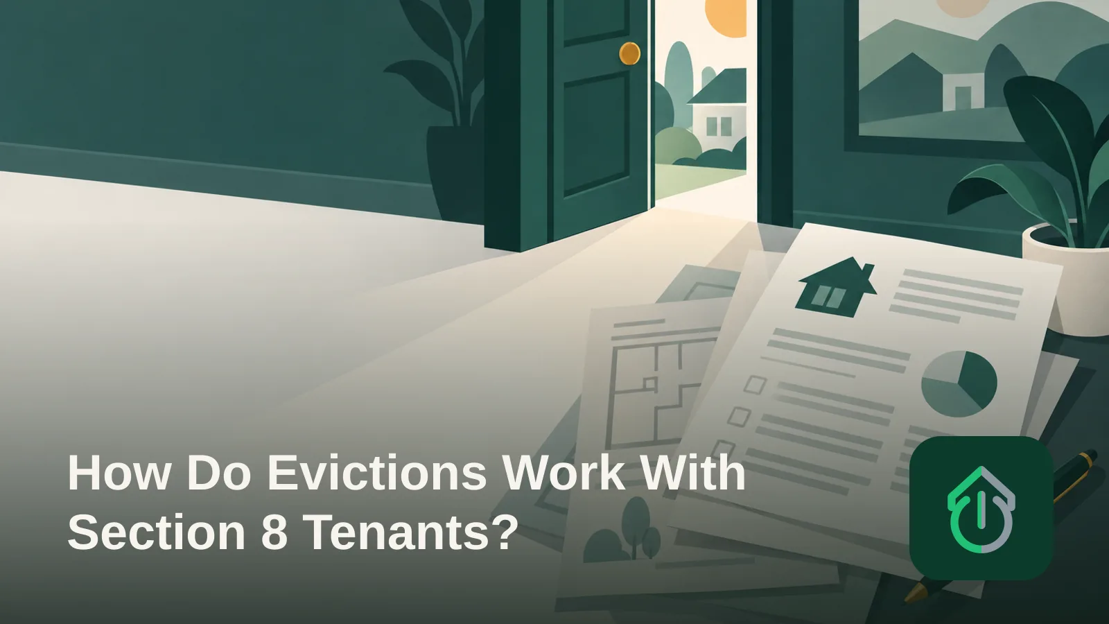 Abstract illustration of a partially open door and overlapping paper forms symbolizing a lease and housing process ending.