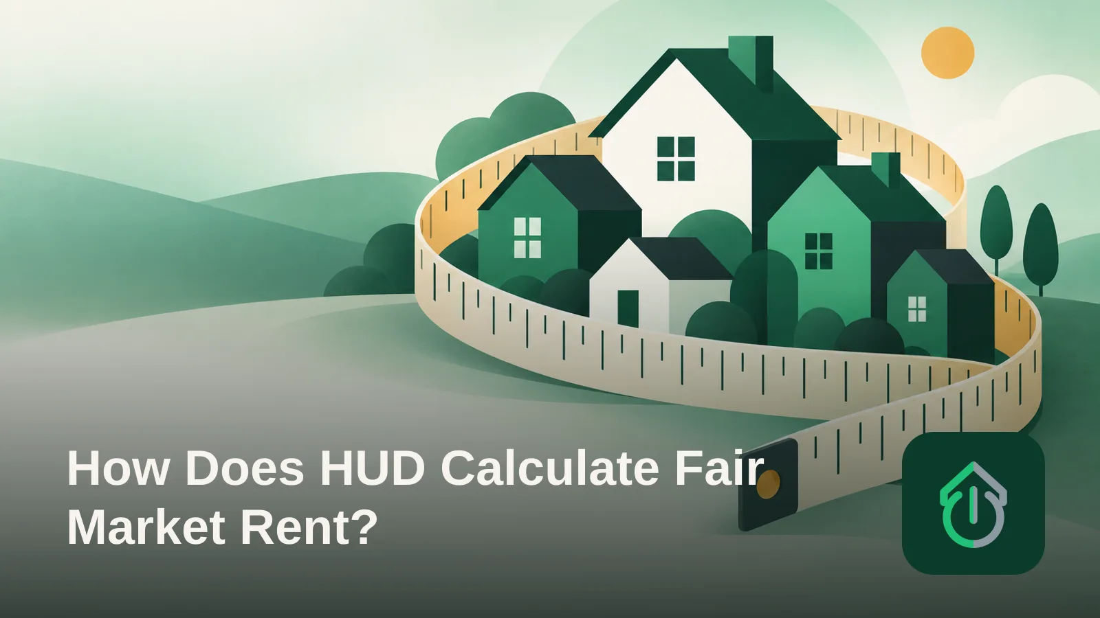 Abstract illustration of a measuring tape wrapped around several simple house shapes, symbolizing how rent benchmarks are measured across a housing market.