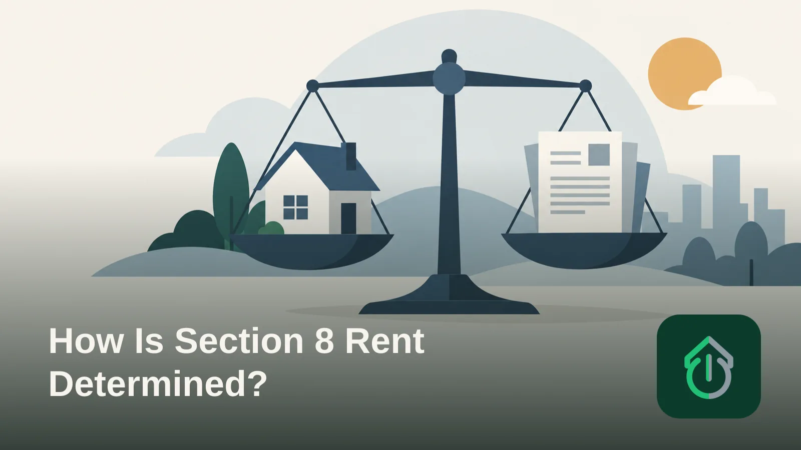Abstract illustration of a balance scale weighing a house shape against document shapes, representing how rent gets balanced between different rules.