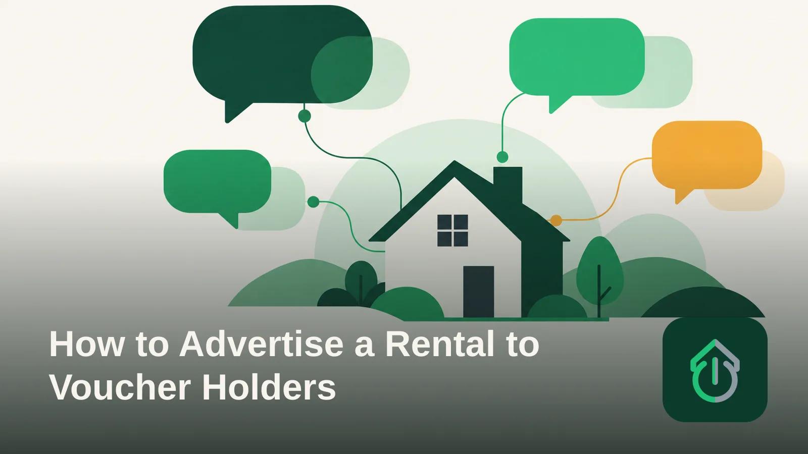 Abstract illustration of a house connected to several speech bubbles representing advertising and outreach.
