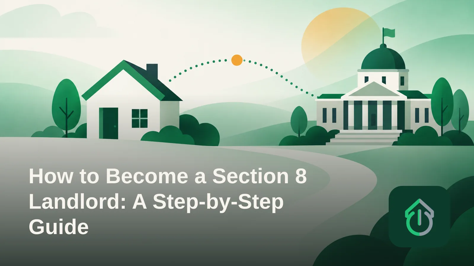 Abstract illustration of a house linked by a dotted line to a simple government building shape, representing the Section 8 landlord process.