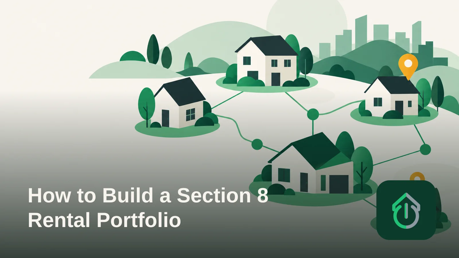 Abstract illustration of small connected house shapes forming a growing network, representing a rental portfolio.0