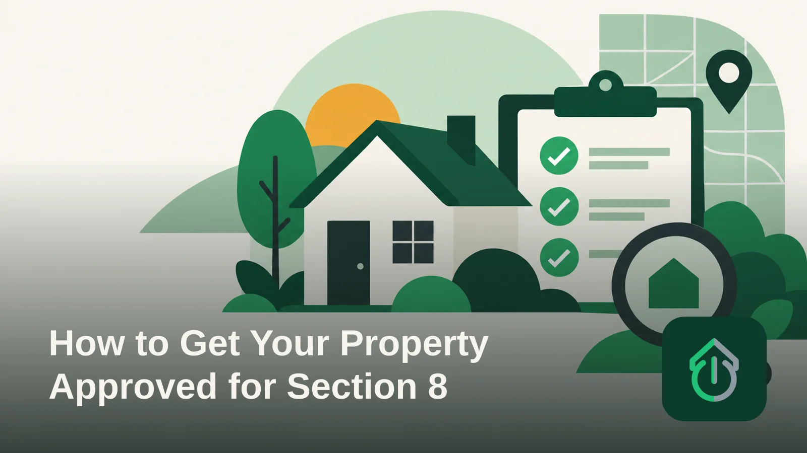 Abstract illustration of a house silhouette beside a clipboard with checkmarks, symbolizing a property inspection and approval process.