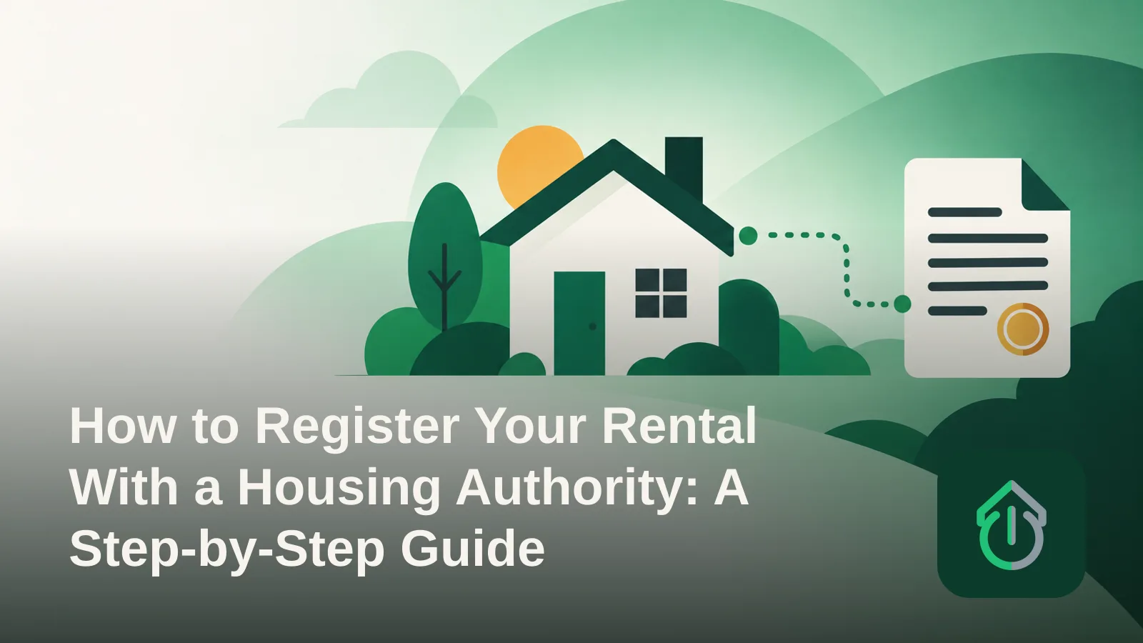 Abstract illustration of a house connected to a stamped document, symbolizing registering a rental property.