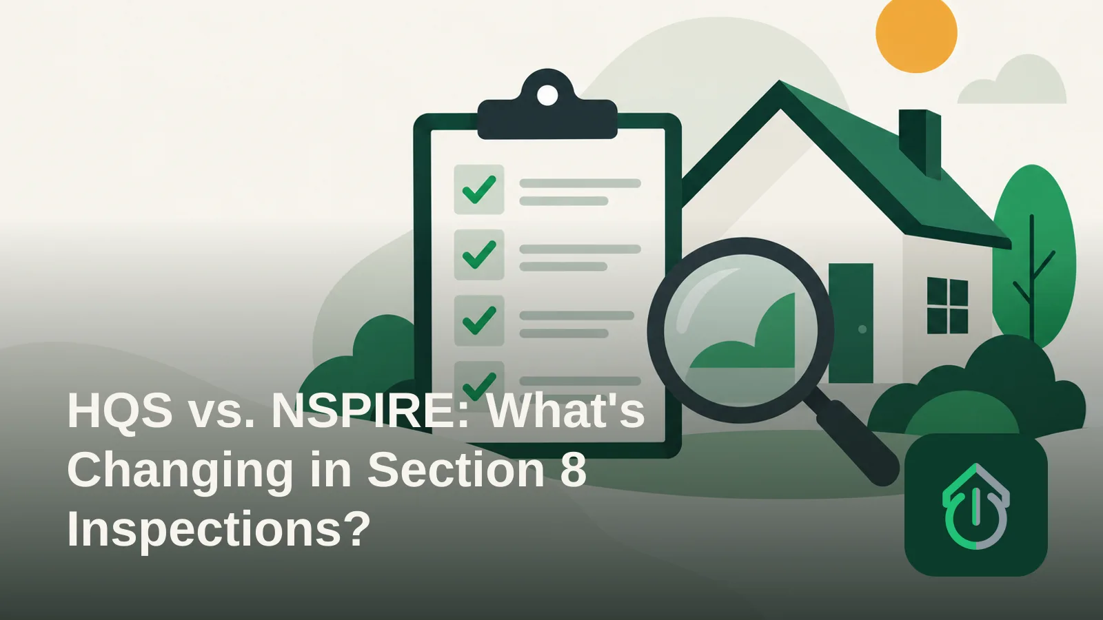 Abstract illustration of a clipboard checklist beside a simple house shape, symbolizing a property inspection.