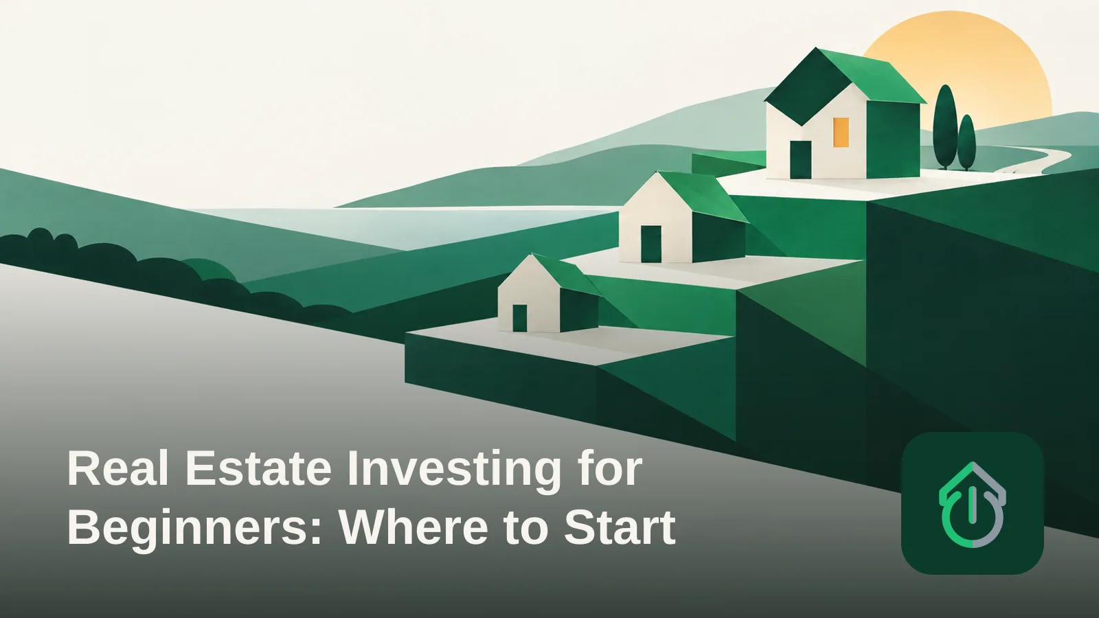 Abstract illustration of a paper house rising in a staircase pattern toward an open horizon, symbolizing a step-by-step start in real estate investing.'