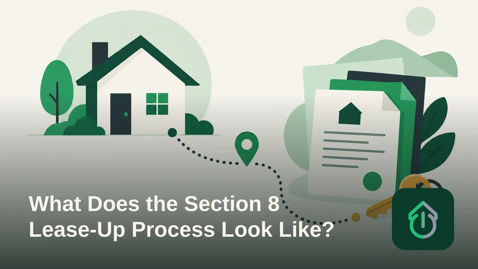Abstract illustration of a house connected by a path to stacked documents and a key, representing a multi-step rental process.