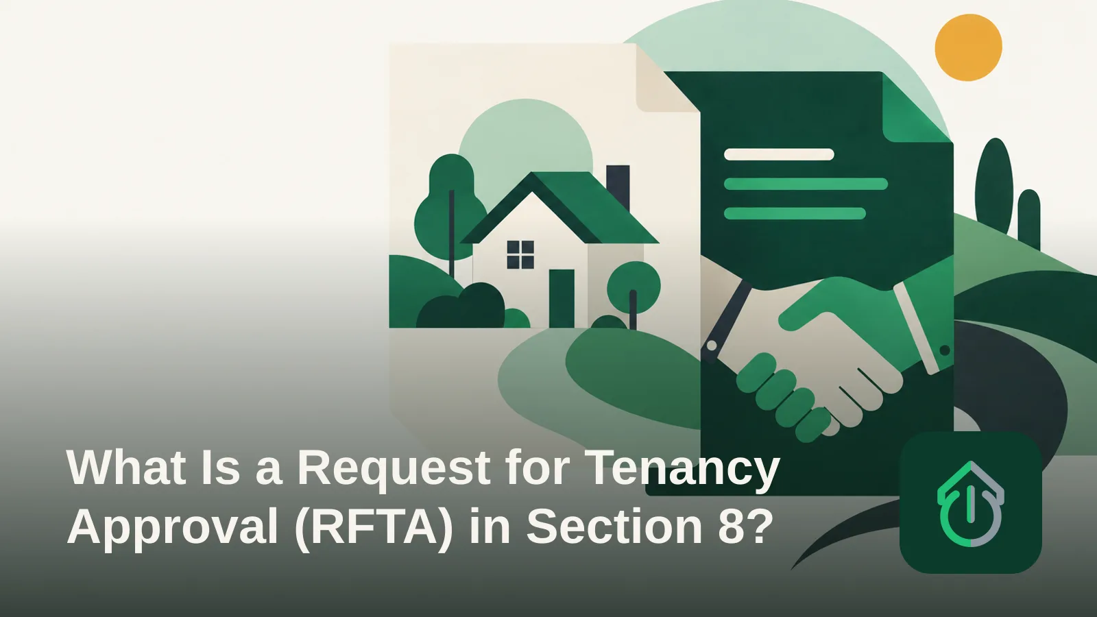 Abstract illustration of overlapping document shapes linking a house outline and a handshake-like form, representing a tenancy approval process.