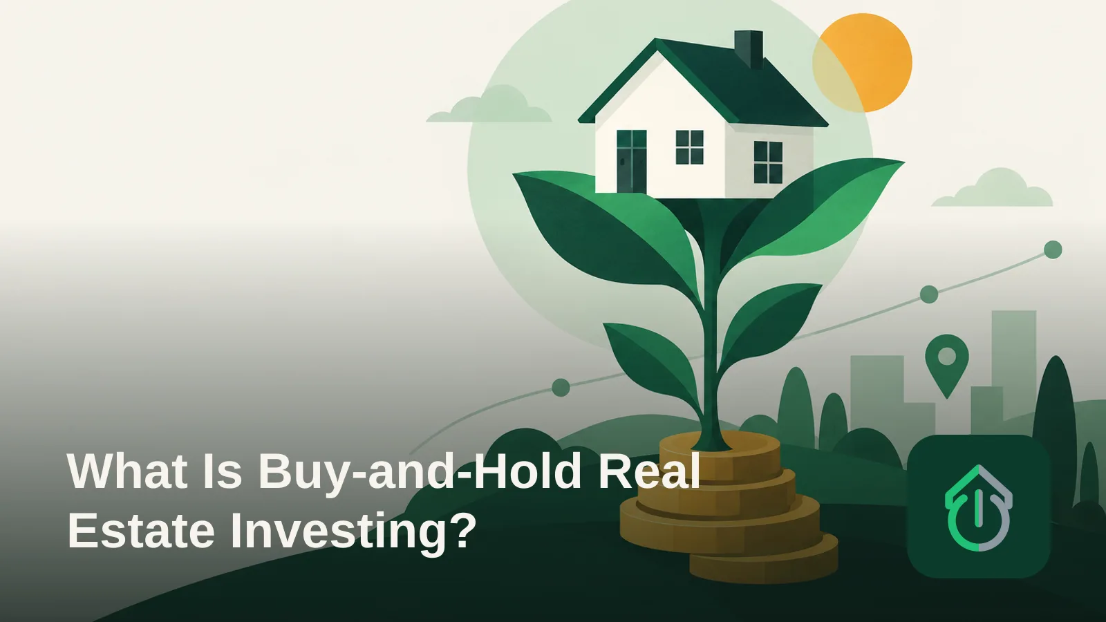 Abstract illustration of a small house growing from a plant stem with layered rings around its roots, symbolizing long-term property investment growth.
