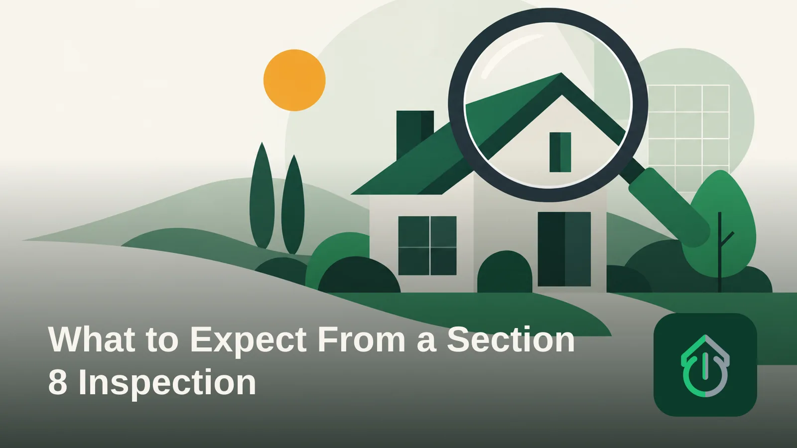 An abstract illustration of a simple house shape being examined by a stylized magnifying glass.